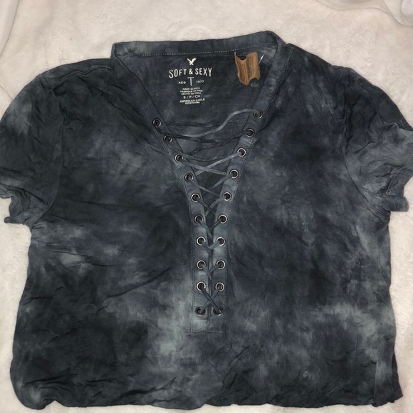 American Eagle Outfitters Tops - American Eagle navy lace down shirt (never worn)